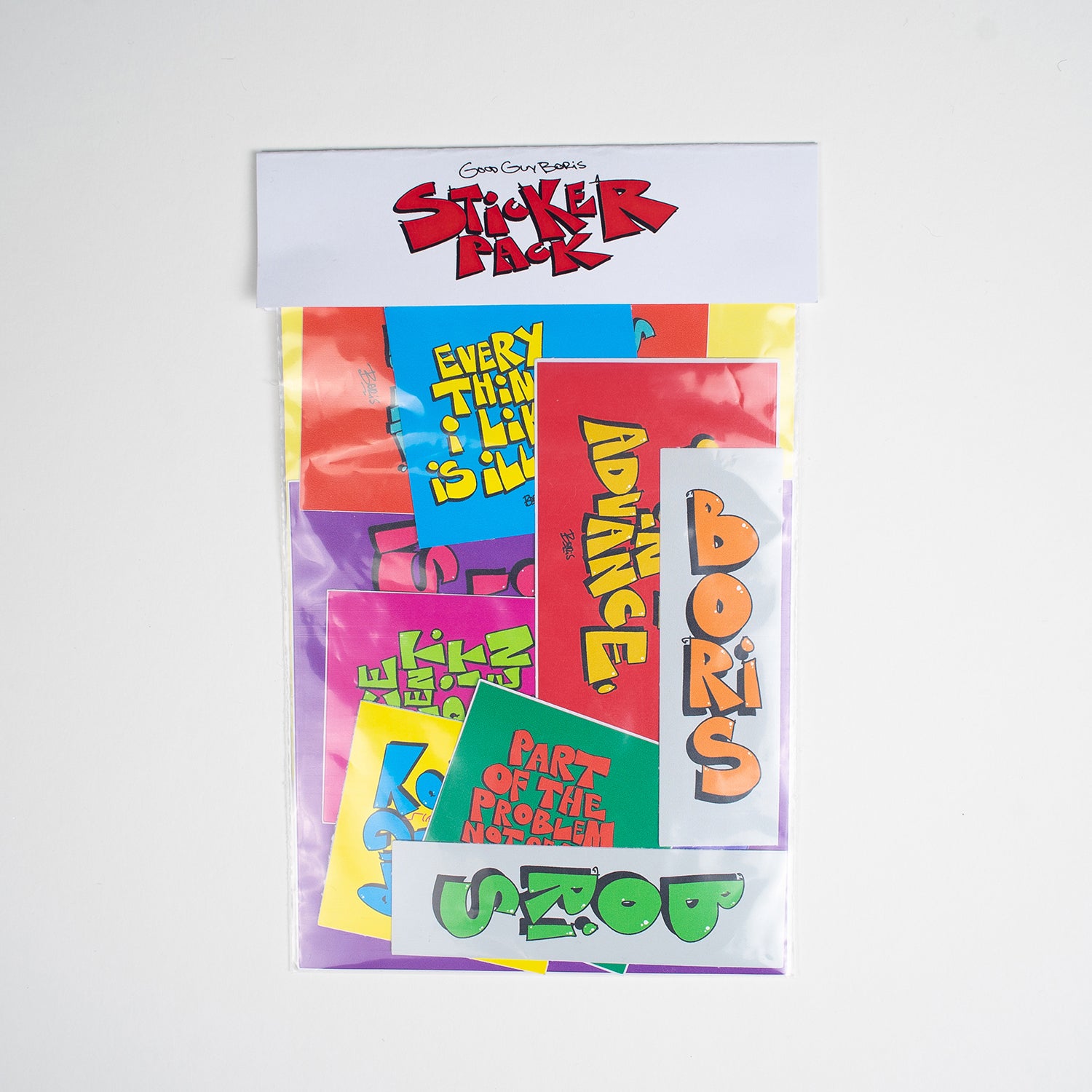 Good Guy Boris Sticker Pack - High Quality Vinyl Stickers - Die Cut. 
For Indoor and Outdoor. Scratch Resistant. All 11 stickers. SORRY IN ADVANCE. EVERYTHING I LIKE IS ILLEGAL. NICE TALENT. KEEP IT HIDDEN. SO, IF I DON'T GO BIG I CAN GO HOME?. KIND REGRETS. BORIS. PART OF THE PROBLEM. NOT OF THE SOLUTION. STOP BEING A TOY. Collection of colorful graffiti stickers with text on a light gray background. Various designs from graffiti letter artworks by Good Guy Boris.